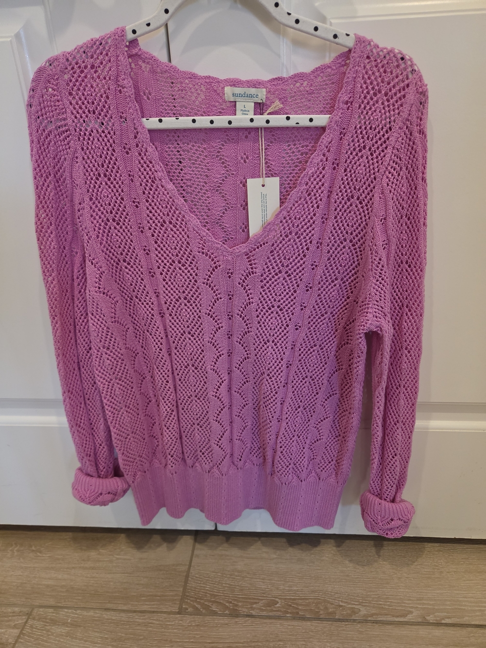 Sundance Open-Knit V-Neck Sweater in Lavender Pink